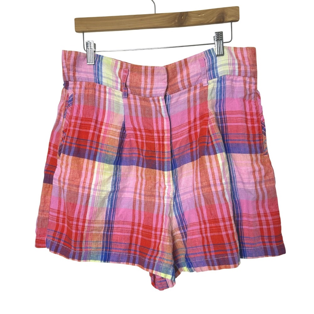 C&C California 100% Linen‎ Shorts Womens 12 Pink Plaid High Waist Madras Summer